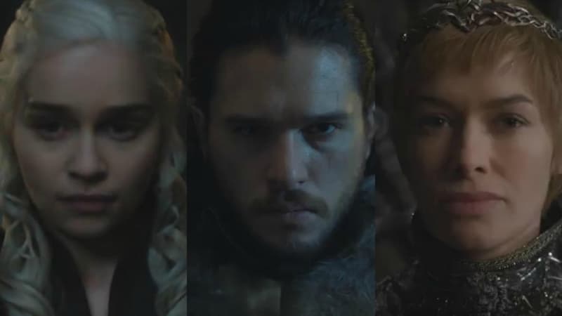 Daenerys Targaryen (Emilia Clarke), Jon Snow (Kit Harington) et Cersei Lannister (Lena Headey), dans la bande annonce de Game of Thrones saison 7.