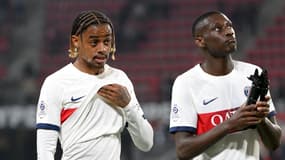 Bradley Barcola et Randal Kolo Muani après un match du PSG, octobre 2023