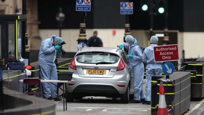 Des agents de la police scientifique travaillent autour d'une Ford Fiesta lancée par son conducteur contre les grilles du Parlement britannique, le 14 août 2018 à Londres.