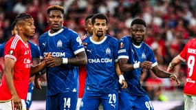Faris Moumbagna, Iliman Ndiaye et Chancel Mbemba avec l'OM contre Benfica, le 11 avril 2024