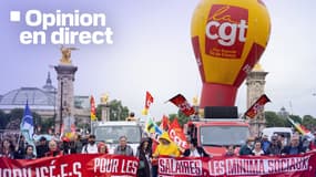 Des manifestants sur le pont Alexandre III lors d'une manifestation contre la réforme des retraites, à Paris le 5 juin 2025