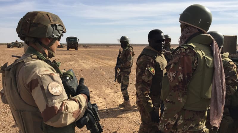 Soldats maliens et soldats français de la mission Barkhane le 2 novembre 2017 au centre du Mali.