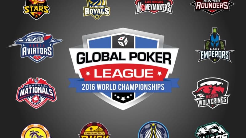 Le logo et les 12 franchises de la Global Poker League