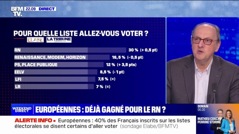 Élections européennes: le Rassemblement national largement en tête avec 30% des intentions de vote, contre 16,5% pour Renaissance (Sondage Elabe)