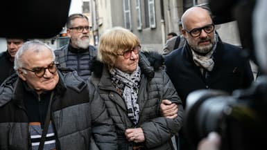 Jacqueline Jacob (au centre), son avocat Stéphane Giuranna (à droite) et son mari Marcel Jacob (à gauche) arrivent à la cour d'appel de Dijon (Côte d'Or), le 24 octobre 2025.