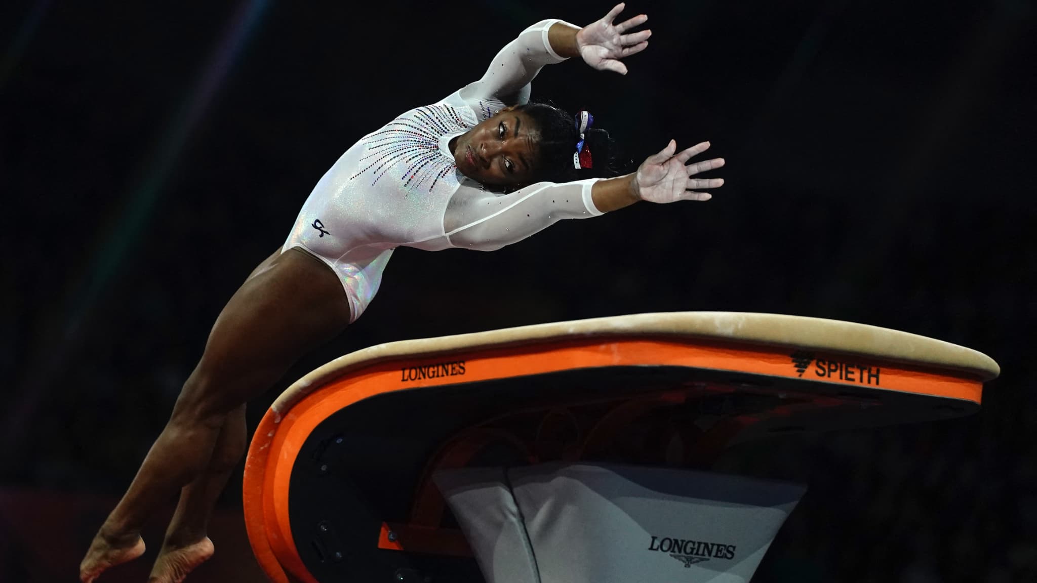 Simone Biles lors des Mondiaux en octobre 2019 Simone Biles lors des Mondiaux en octobre 2019