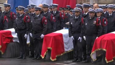 Les cercueils des victimes de l'attaque de la préfecture de police de Paris, lors de la cérémonie d'hommage du 8 octobre 2019.