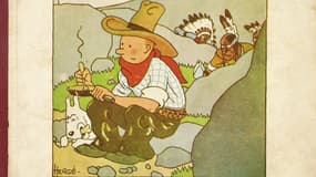 Détail de la couverture d'une édition originale de "Tintin en Amérique" vendue aux enchères mercredi 23 octobre 2024 chez Tajan à Paris