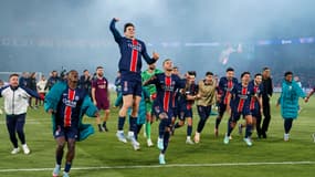 Les joueurs du PSG après leur qualification en finale de Ligue des champions, le 7 mai 2025