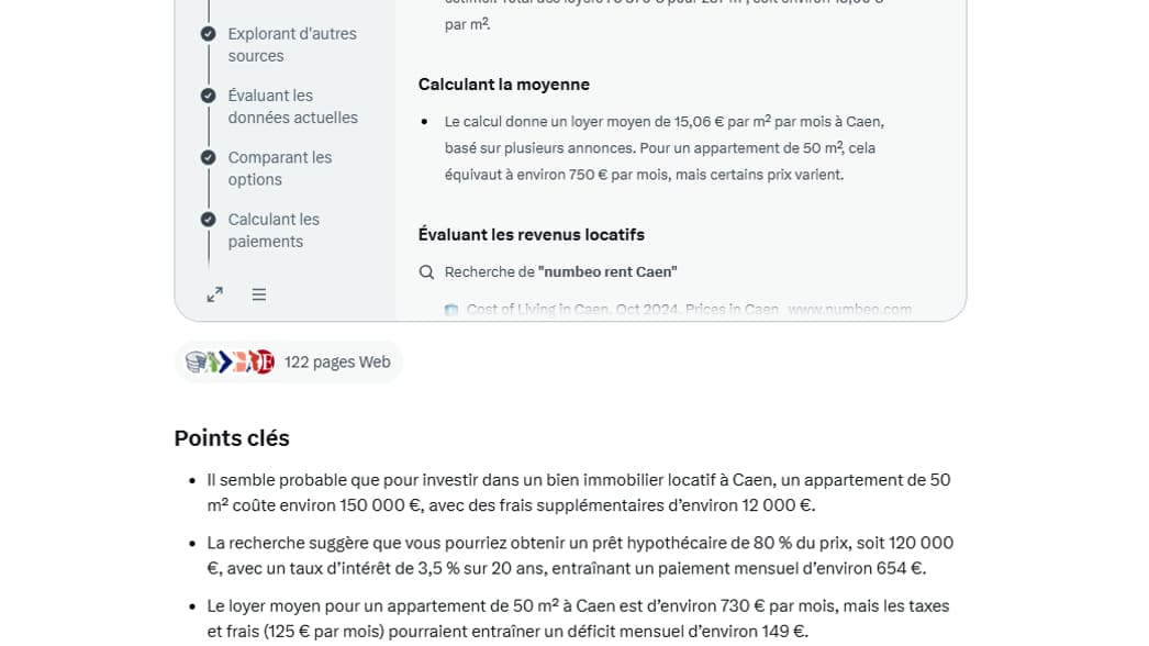 Deepsearch montre aussi comment il procède pour ensuite proposer des points-clés et un rapport détaillé.