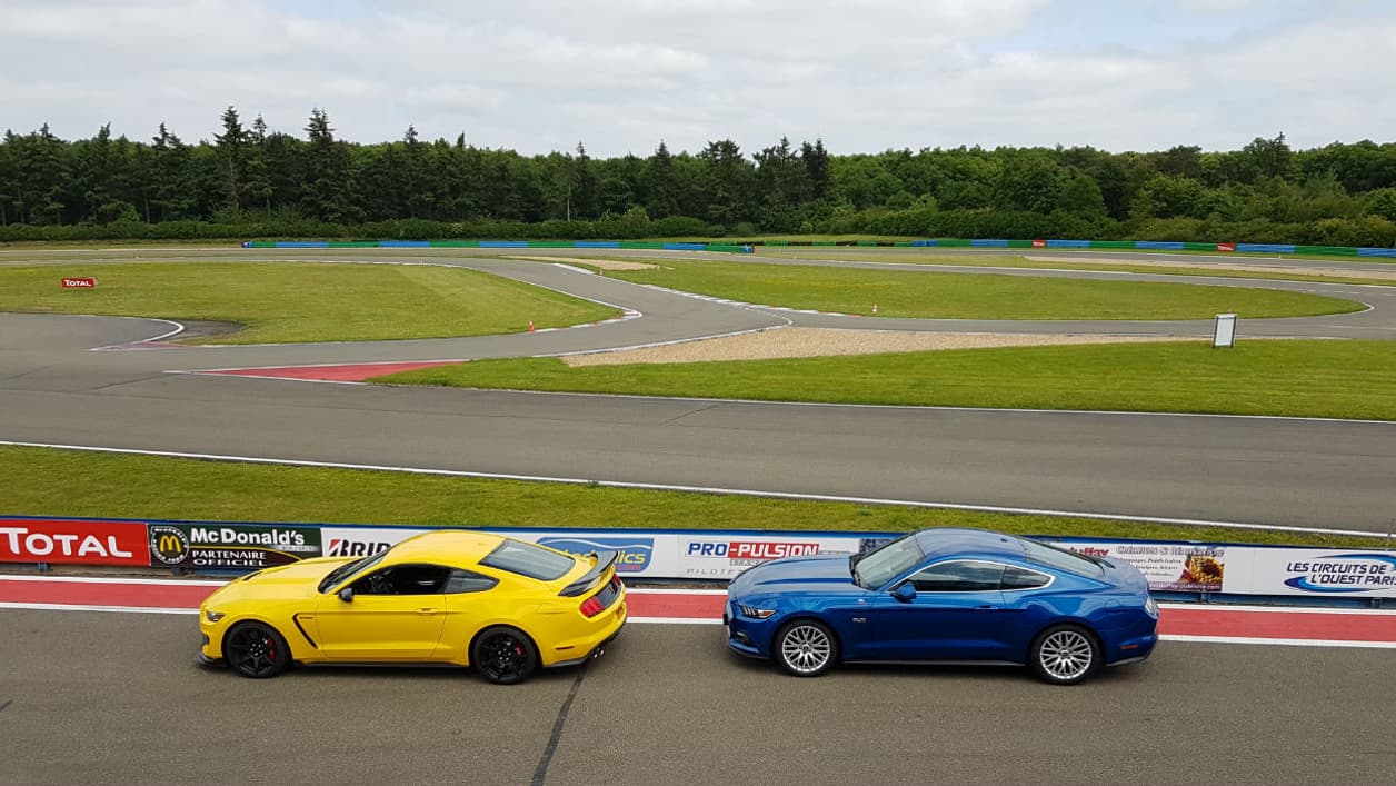 La Shelby GT350R (à gauche), c'est la version musclée de la Mustang GT (à droite)
