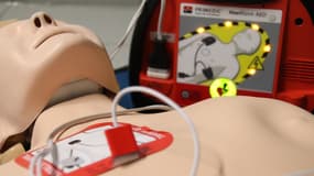 Un défibrillateur cardiaque installé sur un mannequin (photo d'illustration). 