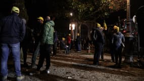 Des représentants du Syndicat de Coordination Rurale 47 attendent devant la préfecture lors d'une manifestation d'agriculteurs devant la préfecture d'Agen le 19 novembre 2024.
