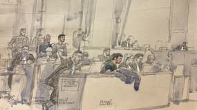 Les prévenus Brahim Chnina, Nabil Boudaoud et Ismael Gamaev devant la cour d'assises spéciale de Paris, le 4 novembre 2024.