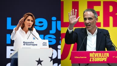 Valérie Hayer (à gauche) et Raphaël Glucksman (à gauche) pendant des discours de leur campagne pour les élections européennes