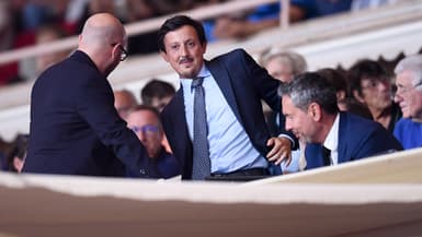 Pablo Longoria, président de l'OM, dans les tribunes du stade Louis-II lors du match Monaco-OM (3-2, 7e journée de L1), le 30 septembre 2023