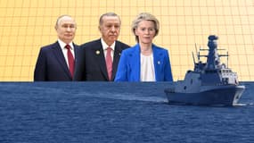 Montage d'un pétrolier russe sur la mer Noire, avec en fond les dirigeants de la Russie, de la Turquie et de l'Union européenne. montage réalisé par Lucien d'Armagnac de Castanet