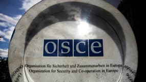Le logo de l'Organisation pour la sécurité et la coopération en Europe (OSCE) le 21 février 2022 à son siège à Vienne