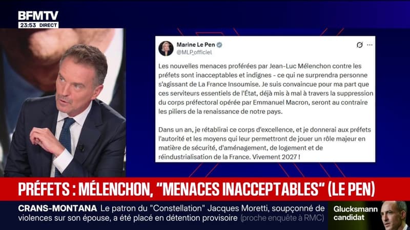 Propos de Jean-Luc Mélenchon sur les préfets: pour Marine Le Pen, ce sont des propos "inacceptables et indignes"