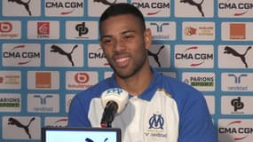 Renan Lodi en conférence de presse avec l'OM, le 11 novembre 2023