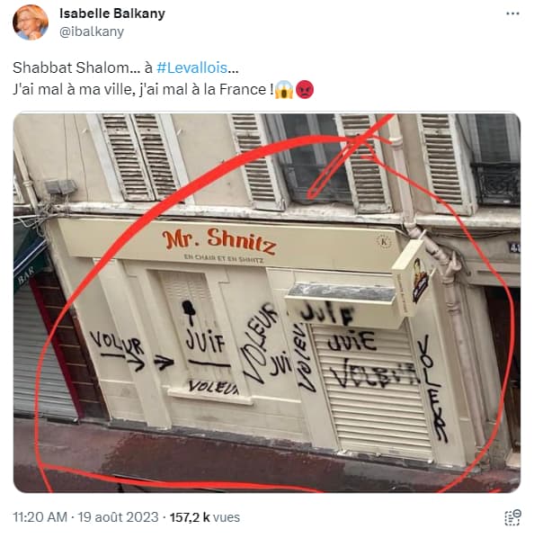 Isabelle Balkany a réagi après la découverte de tags antisémites sur un restaurant, à Levallois