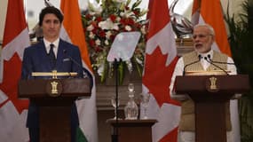 Le Premier ministre indien Narendra Modi et le Premier ministre canadien Justin Trudeau à Hyderabad House, à New Delhi, le 23 février 2018.