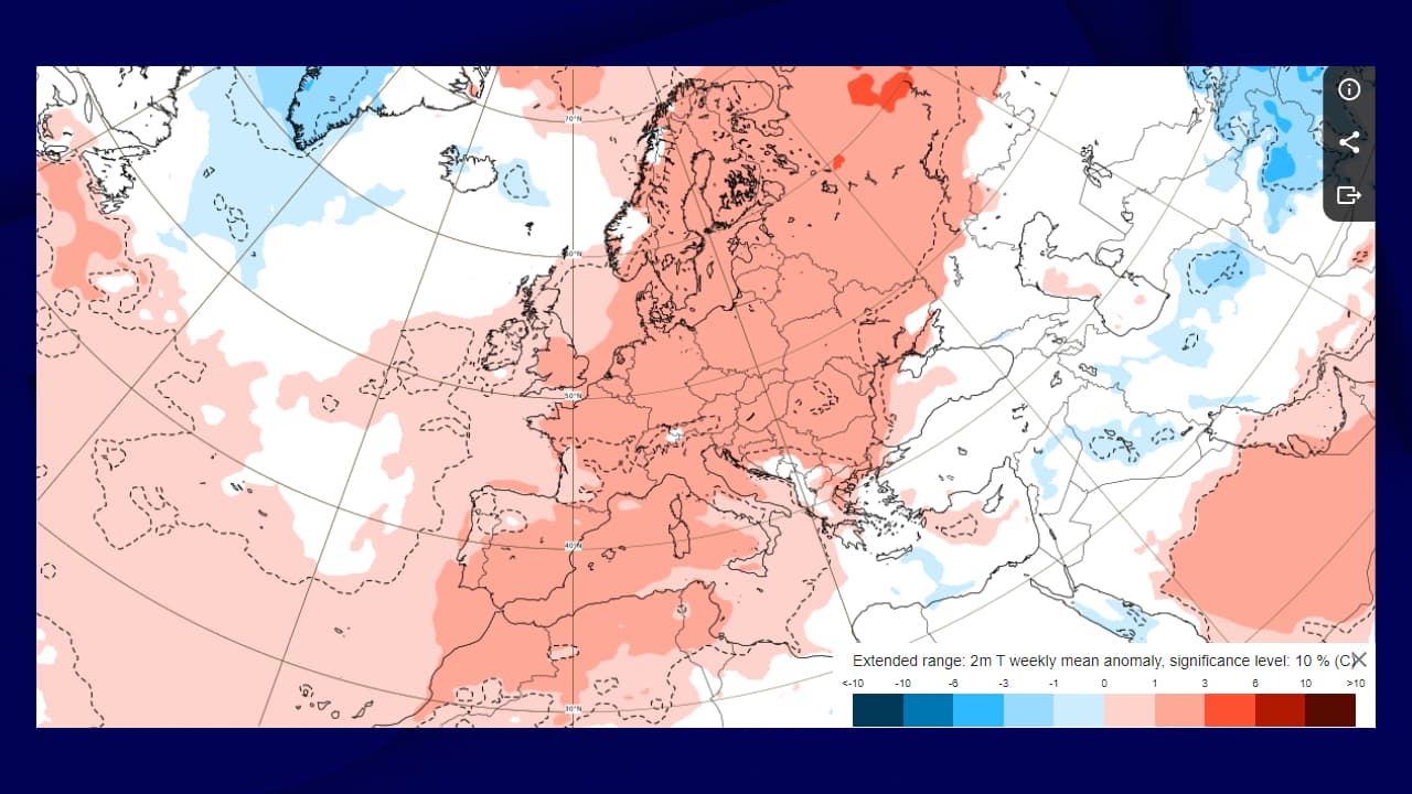 Anomalies moyennes hebdomadaires des températures à deux mètres du sol du 14 au 21 novembre

