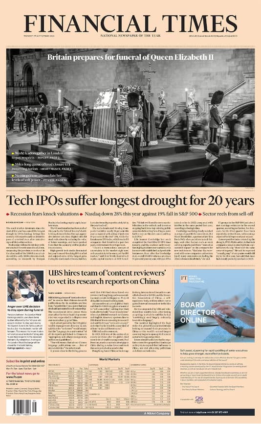 The front page of the Financial Times from September 19, 2022