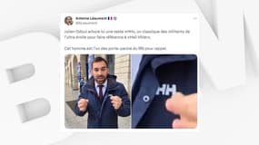 Un tweet du député Antoine Léaument, publié le 26 septembre 2024, montrant le député RN Julien Odoul portant une veste siglée "HH".
