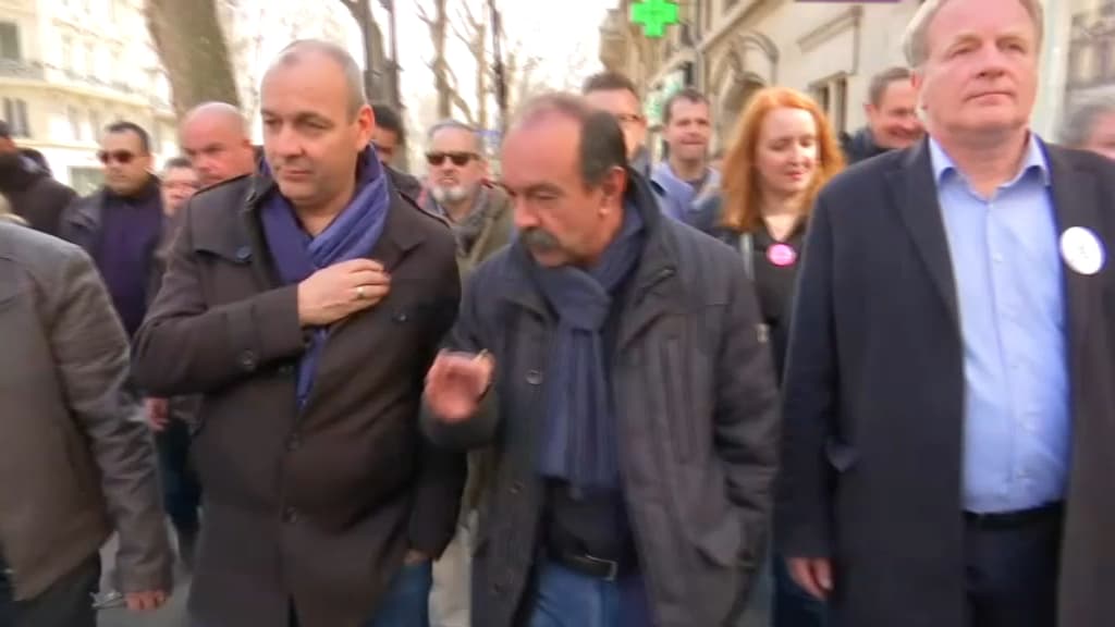 Les leaders syndicaux arrivent devant l'Assemblée nationale, le 16 mars 2023.