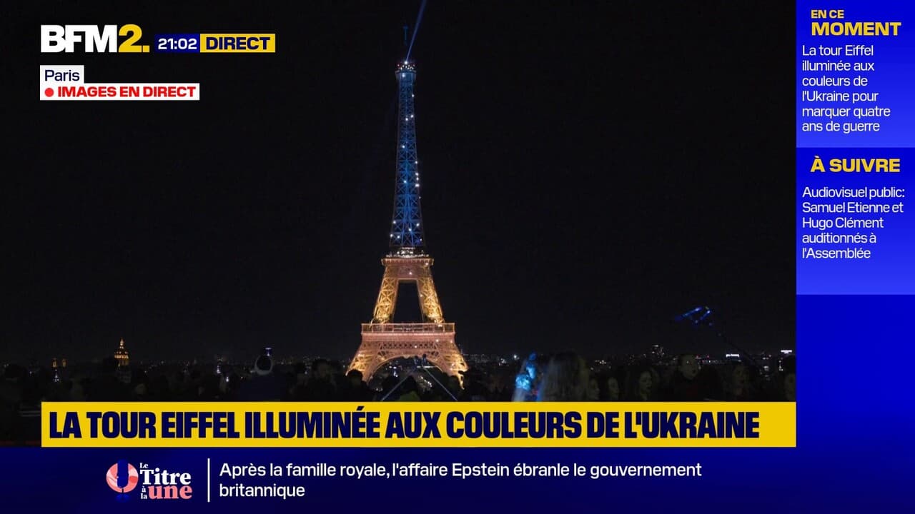 La tour Eiffel illuminée aux couleurs du drapeau ukrainien, quatre ans après le début de la guerre Kép