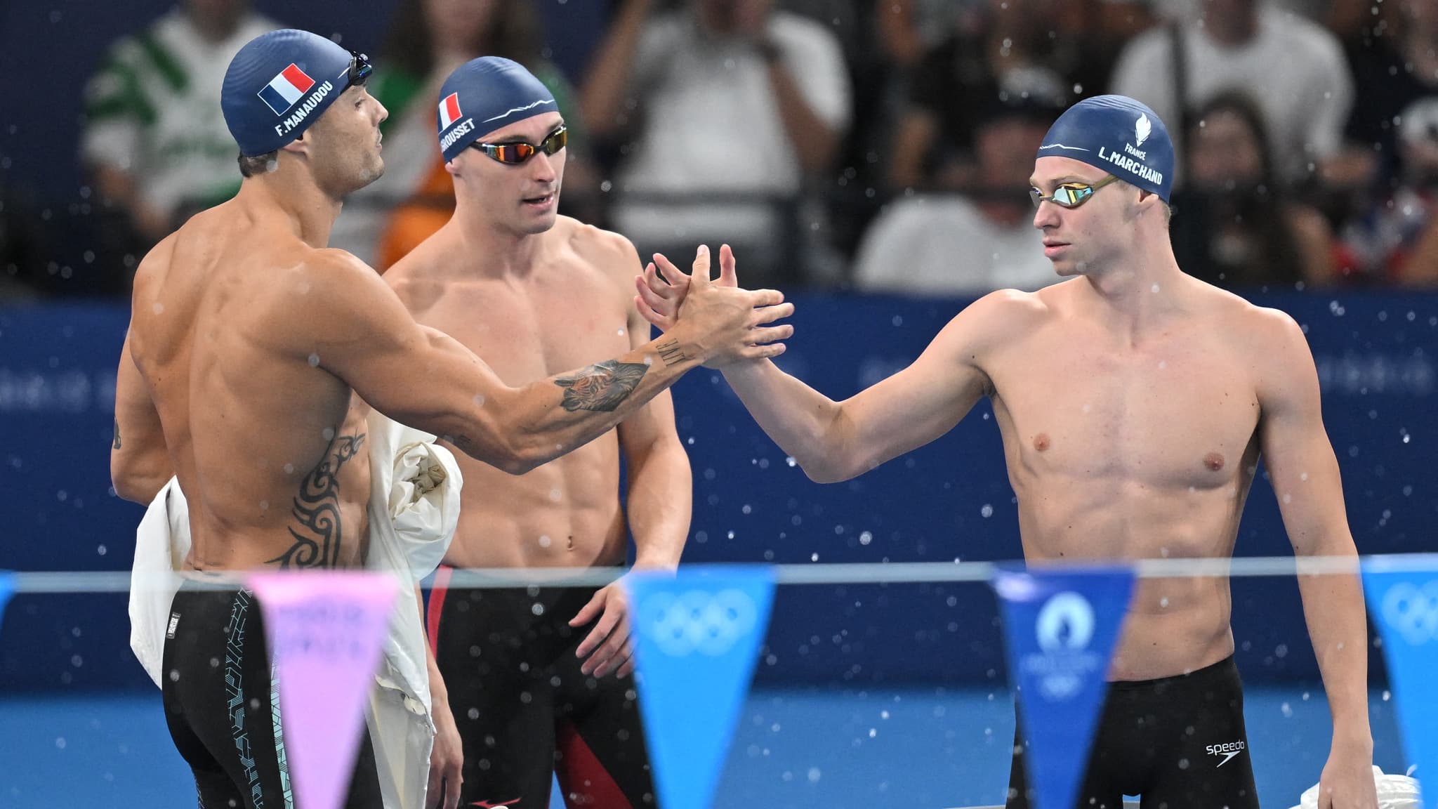 Florent Manaudou, Maxime Grousset et Léon Marchand sur le relais 4x100m 4 nages, JO de Paris 2024, 4 août 2024