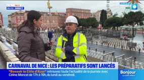Carnaval de Nice: les premières tribunes en cours de montage