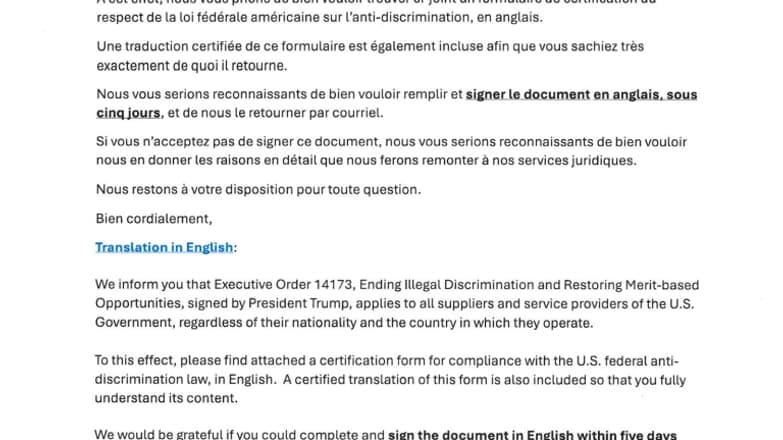 La lettre de l'ambassade américaine envoyée à plusieurs entreprises françaises