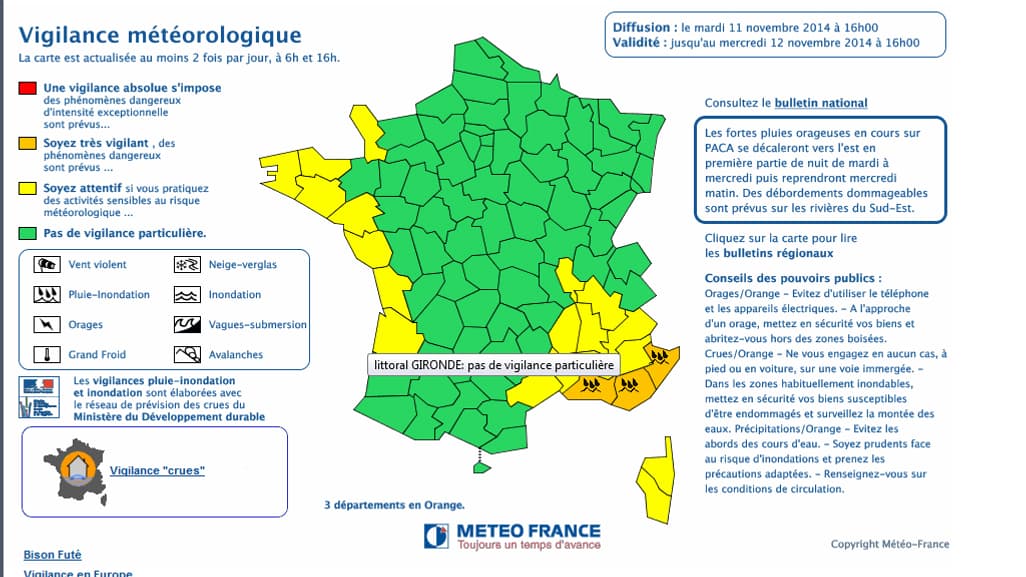 Météo France a placé cinq départements du Sud-Est en vigilance orange aux intempéries: les Alpes-Maritimes, les Bouches-du-Rhône, le Var, la Haute-Corse et la Corse-du-Sud.