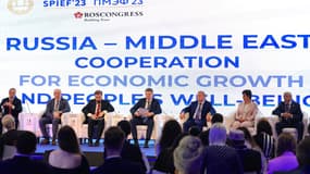 Le ministre russe du Développement économique, Maksim Reshetnikov, lors du Forum international sur l'investissement (Aim Global 2023), à Abu Dhabi (Émirats arabes unis) le 8 mai 2023.
