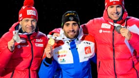 Martin Fourcade avec les Norvégiens Bjoerndalen et Svendsen