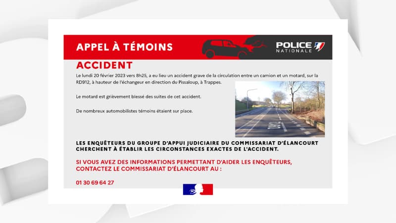 Les enquêteurs cherchent des témoins d'un accident dans lequel un motard a été grièvement blessé.