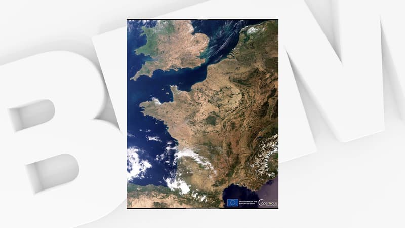Image satellite de la France jaunie par la sécheresse.