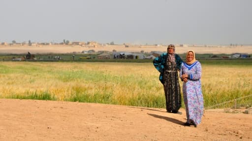 Des femmes syriennes sourient, après l'entrée dans leur village des Forces démocratiques syriennes, près de Raqa, le 2 mai 2017 Des femmes syriennes sourient, après l'entrée dans leur village des Forces démocratiques syriennes, près de Raqa, le 2 mai 2017