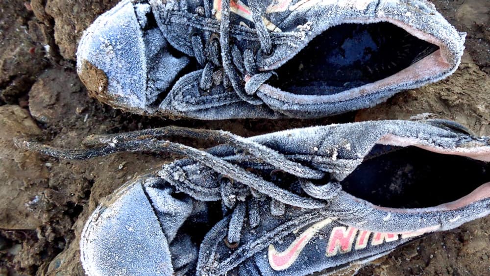 Photo prise par une stagiaire: des baskets gelées au petit matin. Photo prise par une stagiaire: des baskets gelées au petit matin.