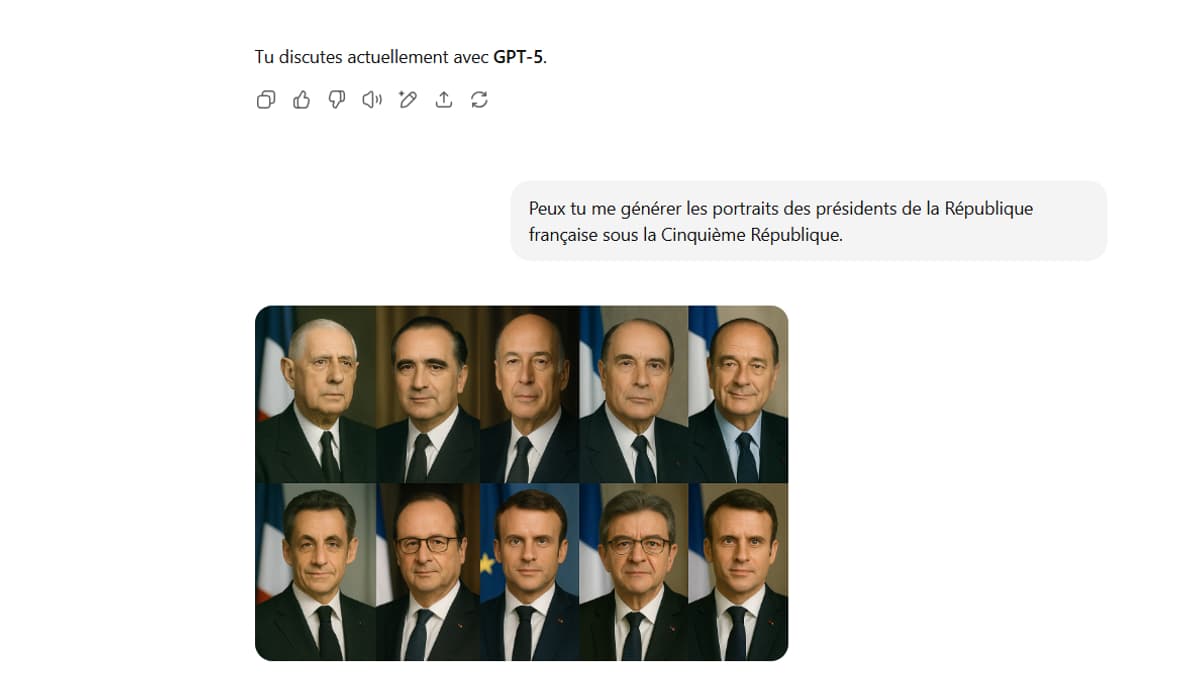 Une image contenant les portraits des différents présidents français sous la Cinquième République, générée par GPT-5