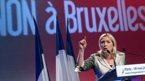 Marine Le Pen en meeting avec le slogan "Non, à Bruxelles" en fond