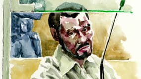 Dessin représentant l'accusé Abdallah Osman Ahmed la barre lors du procès pour l'attaque de Romans-sur-Isère, par le Parquet national antiterroriste (PNAT) à Paris, France, le 30 octobre 2025.