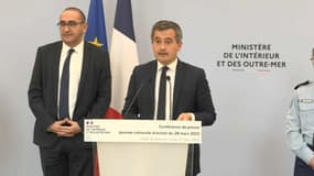 Le ministre de l'Intérieur Gérald Darmanin, lors d'une conférence de presse au ministère de l'Intérieur, le 27 mars 2023 à Paris.