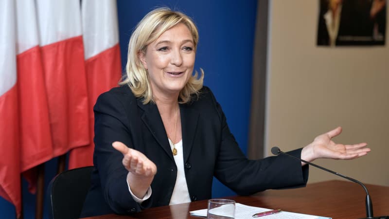 Marine Le Pen vendredi, lors d'une conférence de presse au siège du parti à Nanterre.