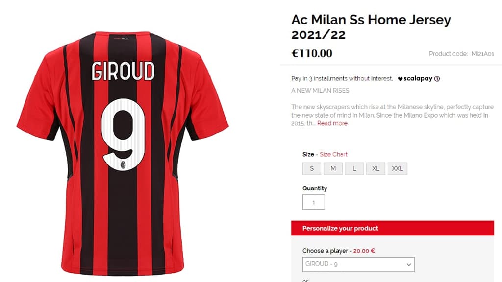 Le maillot de Giroud sur le site de l'AC Milan Le maillot de Giroud sur le site de l'AC Milan