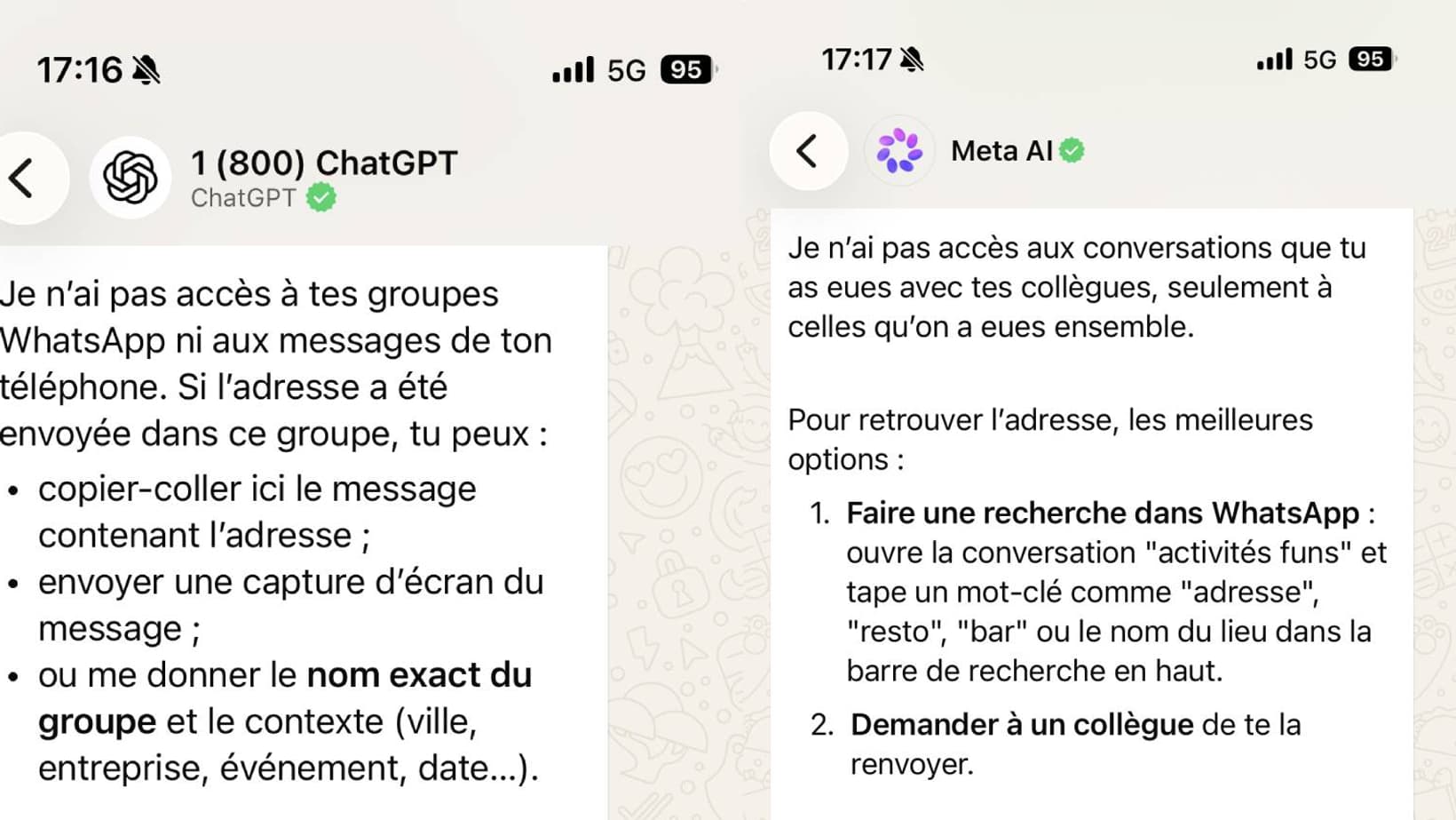 ChatGPT, comme Meta AI, ne peut pas accéder aux autres conversations sur Whatsapp.