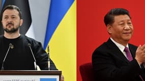 Photomontage montrant Volodymyr Zelensky et Xi Jinping côte à côte.