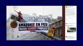 "Amazonie en  feu - Macron complice": les militants de Greepeace ont déployé une banderole devant l'Élysée